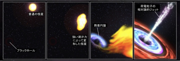 ブラックホールに近づいた星が壊されて、大部分が飲み込まれますが、その一部がジェットとなって噴出します explain